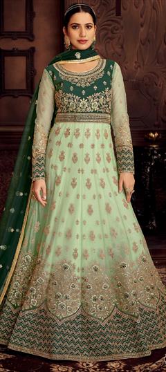 Engagement, Festive, Mehendi Sangeet Green color Salwar Kameez in Net fabric with Anarkali Embroidered, Resham, Thread, Zari work : 1762872