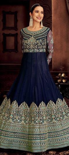 Engagement, Festive, Mehendi Sangeet Blue color Salwar Kameez in Net fabric with Anarkali Embroidered, Resham, Thread, Zari work : 1762873