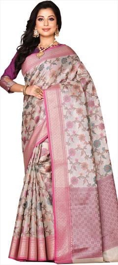 Traditional Beige and Brown color Saree in Organza Silk, Silk fabric with South Weaving work : 1763075