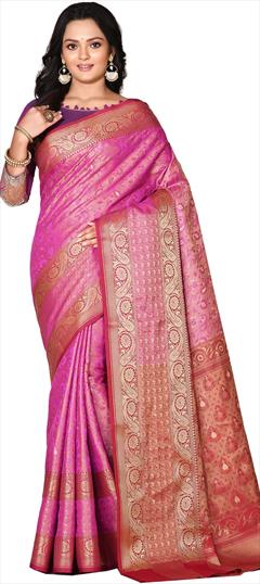 Traditional Pink and Majenta color Saree in Kanjeevaram Silk, Silk fabric with South Weaving work : 1763086