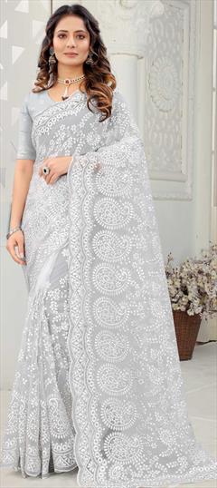 Mehendi Sangeet, Party Wear, Wedding White and Off White color Saree in Net fabric with Classic Embroidered, Resham, Thread work : 1763213