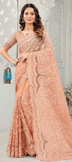 Mehendi Sangeet, Party Wear, Wedding Pink and Majenta color Saree in Net fabric with Classic Embroidered, Resham, Thread work : 1763220