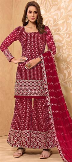 Festive, Party Wear Red and Maroon color Salwar Kameez in Georgette fabric with Sharara Embroidered, Thread, Zari work : 1763443