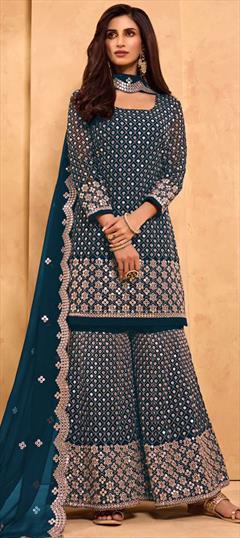 Festive, Party Wear Blue color Salwar Kameez in Georgette fabric with Sharara Embroidered, Thread, Zari work : 1763446