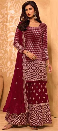 Festive, Party Wear Red and Maroon color Salwar Kameez in Georgette fabric with Sharara Embroidered, Thread, Zari work : 1763453