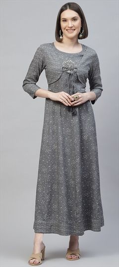Casual Black and Grey color Dress in Rayon fabric with Floral, Printed work : 1763558