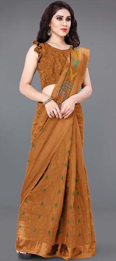 Casual, Traditional Beige and Brown color Saree in Cotton fabric with Bengali Printed work : 1763736