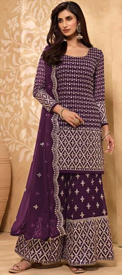 Festive, Party Wear Purple and Violet color Salwar Kameez in Faux Georgette fabric with Palazzo Embroidered, Mirror, Thread, Zari work : 1763760