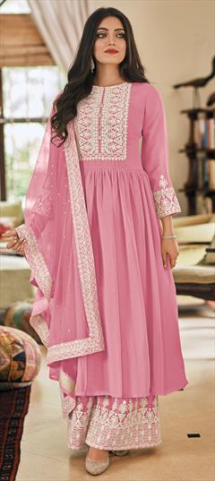 Festive, Party Wear Pink and Majenta color Salwar Kameez in Faux Georgette fabric with A Line, Palazzo Embroidered, Resham, Thread work : 1763769