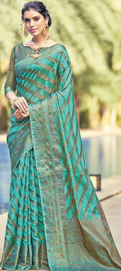 Traditional Blue color Saree in Organza Silk, Silk fabric with South Weaving work : 1763934