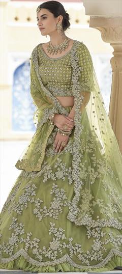 Festive, Reception, Wedding Green color Lehenga in Net fabric with A Line Sequence, Thread work : 1763963