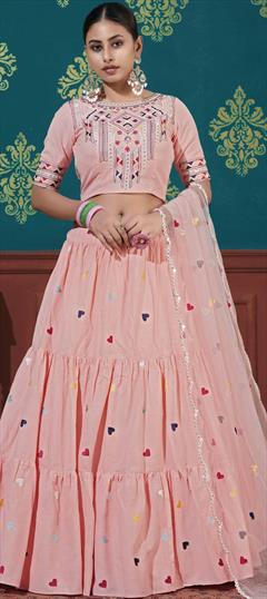 Festive, Party Wear Pink and Majenta color Lehenga in Cotton fabric with A Line Embroidered, Thread work : 1763985
