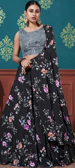 Festive, Party Wear Black and Grey color Lehenga in Art Silk fabric with A Line Floral, Printed work : 1763988