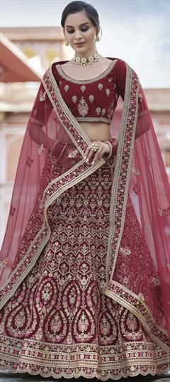 Bridal, Wedding Red and Maroon color Lehenga in Velvet fabric with A Line Embroidered, Lace, Resham, Sequence, Thread, Zari work : 1764023