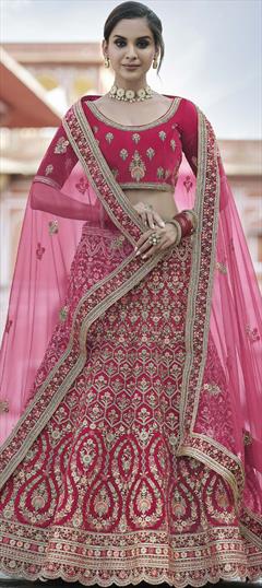 Bridal, Wedding Pink and Majenta color Lehenga in Velvet fabric with A Line Embroidered, Lace, Resham, Sequence, Thread, Zari work : 1764024
