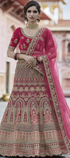 Bridal, Wedding Pink and Majenta color Lehenga in Velvet fabric with A Line Embroidered, Sequence, Thread, Zari work : 1764026