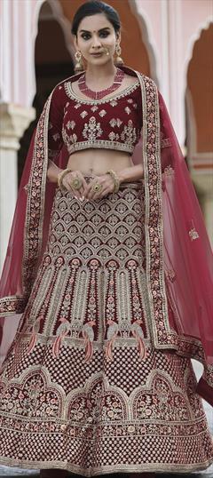Bridal, Wedding Red and Maroon color Lehenga in Velvet fabric with A Line Embroidered, Sequence, Thread, Zari work : 1764031