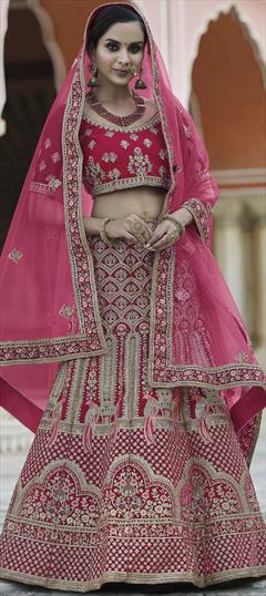 Bridal, Wedding Pink and Majenta color Lehenga in Velvet fabric with A Line Embroidered, Sequence, Thread, Zari work : 1764032