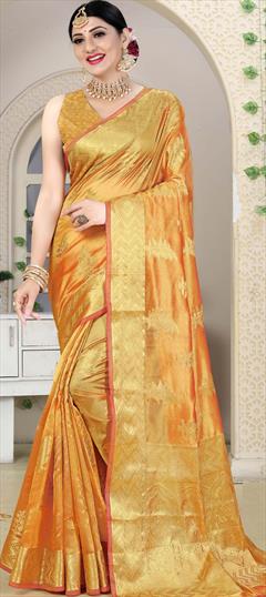 Traditional Orange color Saree in Organza Silk, Silk fabric with South Weaving work : 1764103