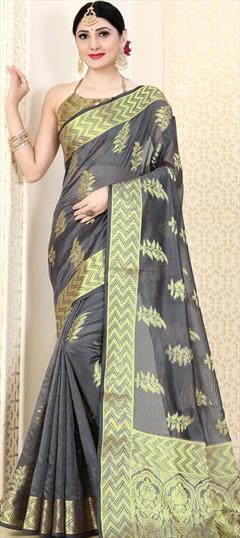 Traditional Black and Grey color Saree in Organza Silk, Silk fabric with South Weaving work : 1764106