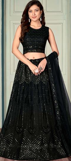 Festive, Mehendi Sangeet Black and Grey color Lehenga in Net fabric with A Line Embroidered, Sequence, Thread work : 1764213