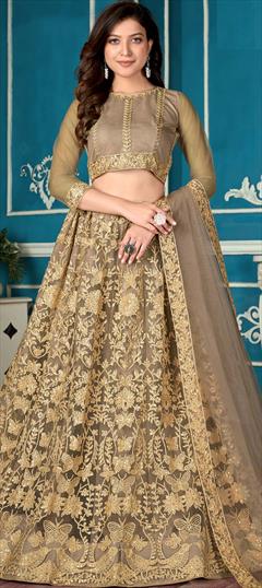 Festive, Mehendi Sangeet Beige and Brown color Lehenga in Net fabric with A Line Embroidered, Sequence, Thread work : 1764214