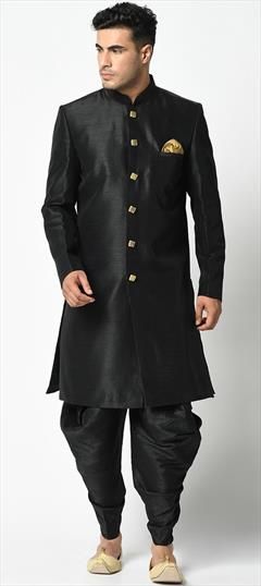Black and Grey color Dhoti Sherwani in Dupion Silk fabric with Thread work : 1764587