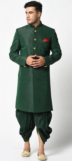 Green color Dhoti Sherwani in Dupion Silk fabric with Thread work : 1764589