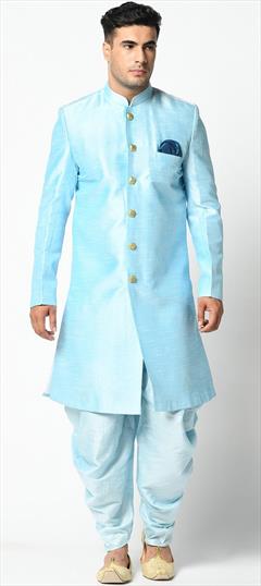 Blue color Dhoti Sherwani in Dupion Silk fabric with Thread work : 1764590
