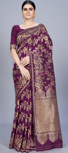 Traditional Purple and Violet color Saree in Banarasi Silk, Silk fabric with South Weaving work : 1764644