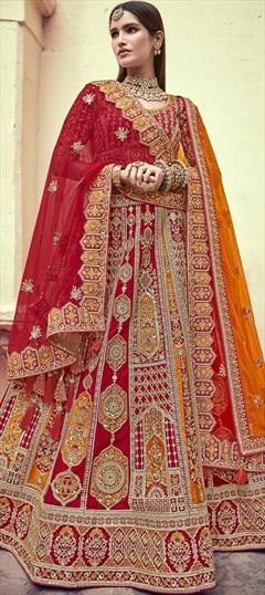 Bridal, Wedding Red and Maroon color Lehenga in Art Silk fabric with A Line Embroidered, Lace, Stone, Thread work : 1764647