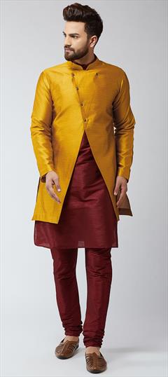 Red and Maroon color Kurta Pyjama with Jacket in Dupion Silk fabric with Thread work : 1764732