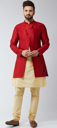 Beige and Brown color Kurta Pyjama with Jacket in Dupion Silk fabric with Thread work : 1764733