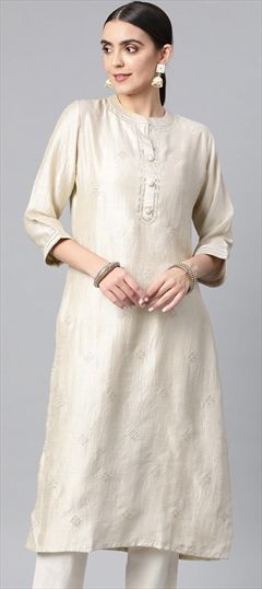 Festive, Party Wear Beige and Brown color Kurti in Muslin fabric with Straight Embroidered, Sequence work : 1764838
