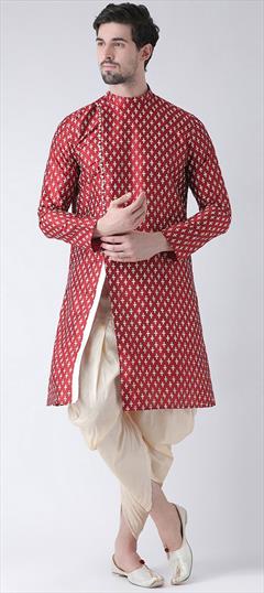 Red and Maroon color Dhoti Kurta in Dupion Silk fabric with Printed work : 1764876