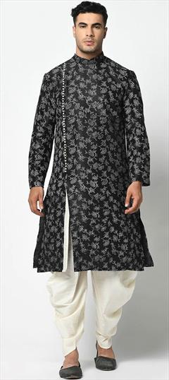 Black and Grey color Dhoti Kurta in Dupion Silk fabric with Printed work : 1764879