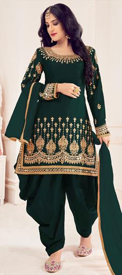 Festive, Party Wear Green color Salwar Kameez in Art Silk fabric with Patiala Embroidered, Mirror, Sequence, Thread, Zari work : 1765232