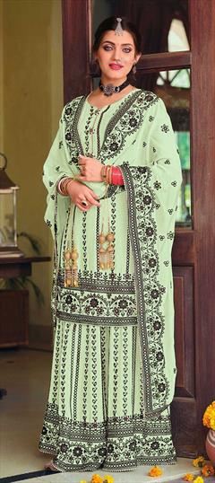 Festive, Party Wear Green color Salwar Kameez in Faux Georgette fabric with Pakistani, Palazzo Embroidered, Resham, Thread work : 1765340