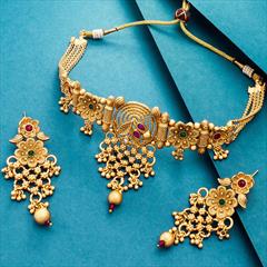 Green, Pink and Majenta color Necklace in Copper studded with CZ Diamond, Kundan & Gold Rodium Polish : 1765595
