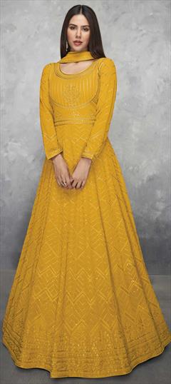Festive, Party Wear Yellow color Salwar Kameez in Georgette fabric with Anarkali Embroidered, Resham, Sequence, Thread work : 1765610