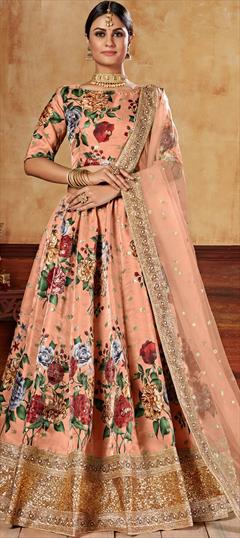 Festive, Party Wear, Wedding Pink and Majenta color Lehenga in Art Silk fabric with A Line Digital Print, Embroidered, Floral, Moti, Sequence work : 1765665
