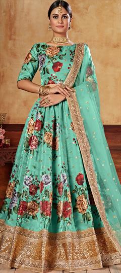Festive, Party Wear, Wedding Green color Lehenga in Art Silk fabric with A Line Digital Print, Embroidered, Floral, Moti, Sequence work : 1765670