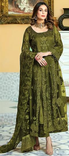 Festive, Party Wear Green color Salwar Kameez in Net fabric with Pakistani, Slits Embroidered, Resham, Thread work : 1765687