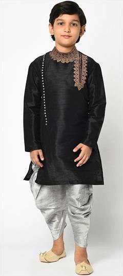 Black and Grey color Boys Dhoti Kurta in Dupion Silk fabric with Embroidered, Thread work : 1765978