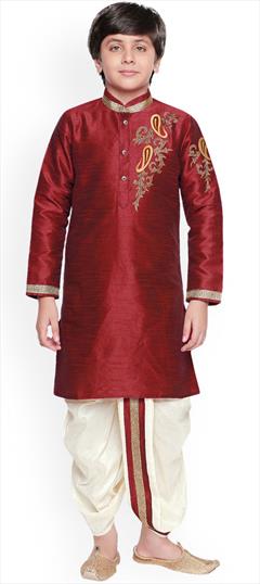Red and Maroon color Boys Dhoti Kurta in Dupion Silk fabric with Embroidered, Thread work : 1765979