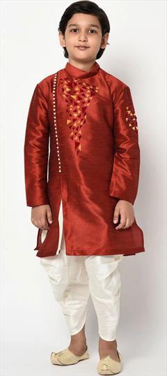 Red and Maroon color Boys Dhoti Kurta in Dupion Silk fabric with Embroidered, Thread work : 1765980