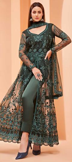 Festive, Mehendi Sangeet, Party Wear Green color Salwar Kameez in Net fabric with Slits Embroidered, Sequence, Thread work : 1766151