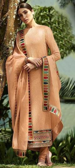 Festive, Party Wear, Reception Orange color Salwar Kameez in Faux Georgette fabric with Churidar, Pakistani, Straight Sequence, Thread work : 1766238