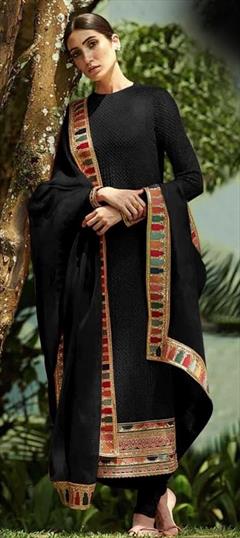 Party Wear, Reception Black and Grey color Salwar Kameez in Faux Georgette fabric with Churidar, Pakistani, Straight Sequence, Thread work : 1766241