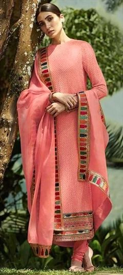 Festive, Party Wear, Reception Pink and Majenta color Salwar Kameez in Faux Georgette fabric with Churidar, Pakistani, Straight Sequence, Thread work : 1766243